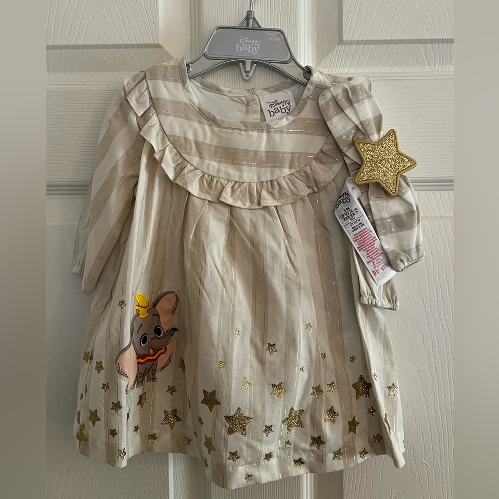 Disney Baby Dumbo Dress Set Gold glittery Stars Stripes Headband Size 6/9 Months